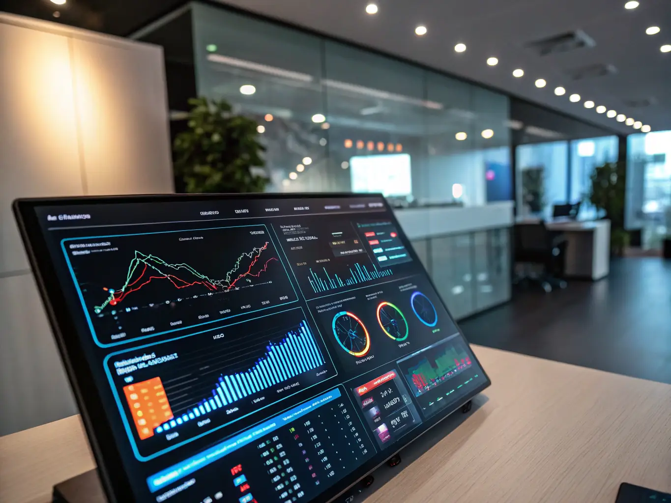 An image showing a futuristic digital dashboard with analytics and AI algorithms in action, representing AI-Driven Digital Marketing.