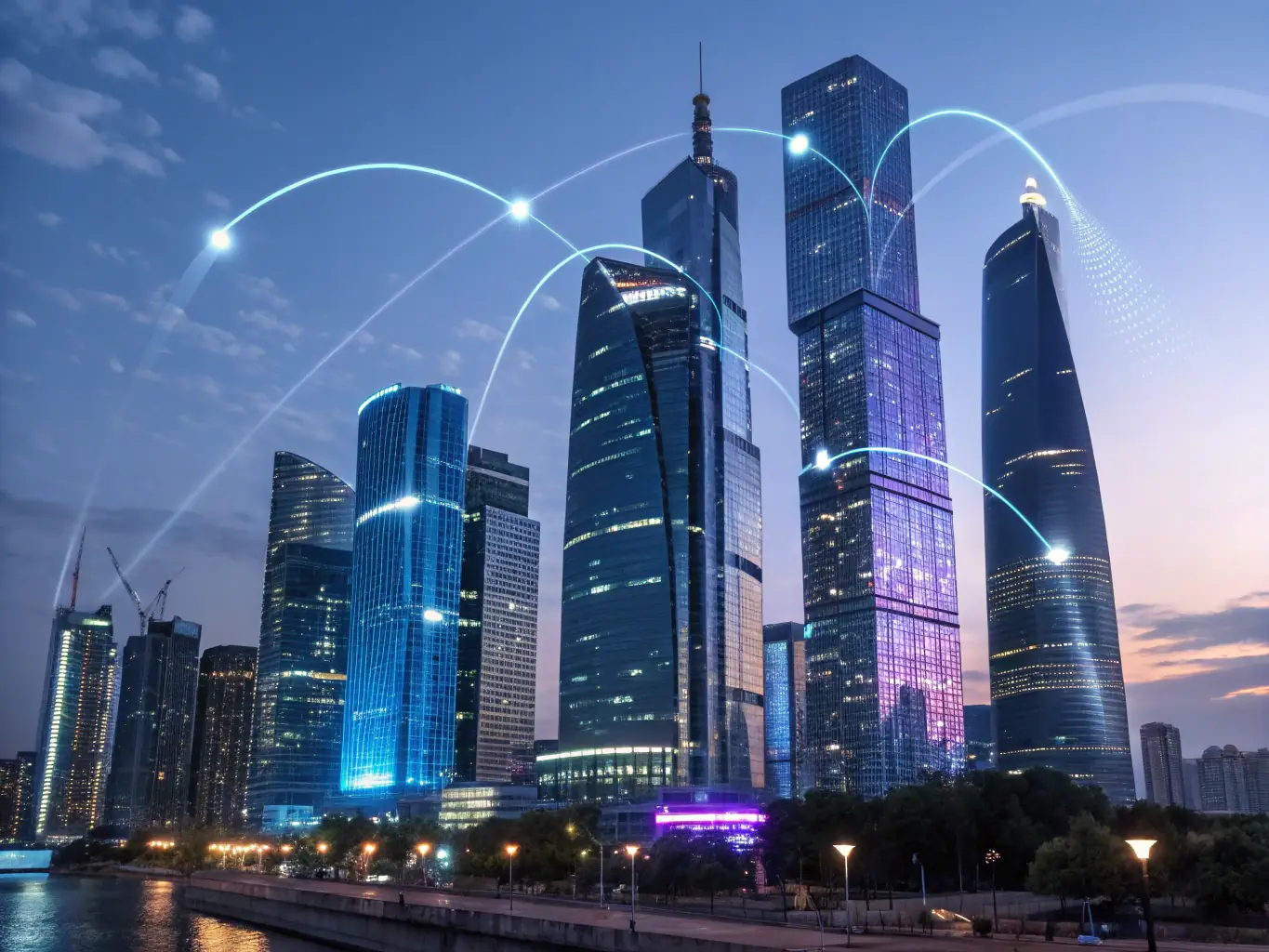A futuristic image depicting AI algorithms optimizing a website's SEO, with data streams and charts overlaying a city skyline at night, symbolizing R's Marketing Services' advanced technology.