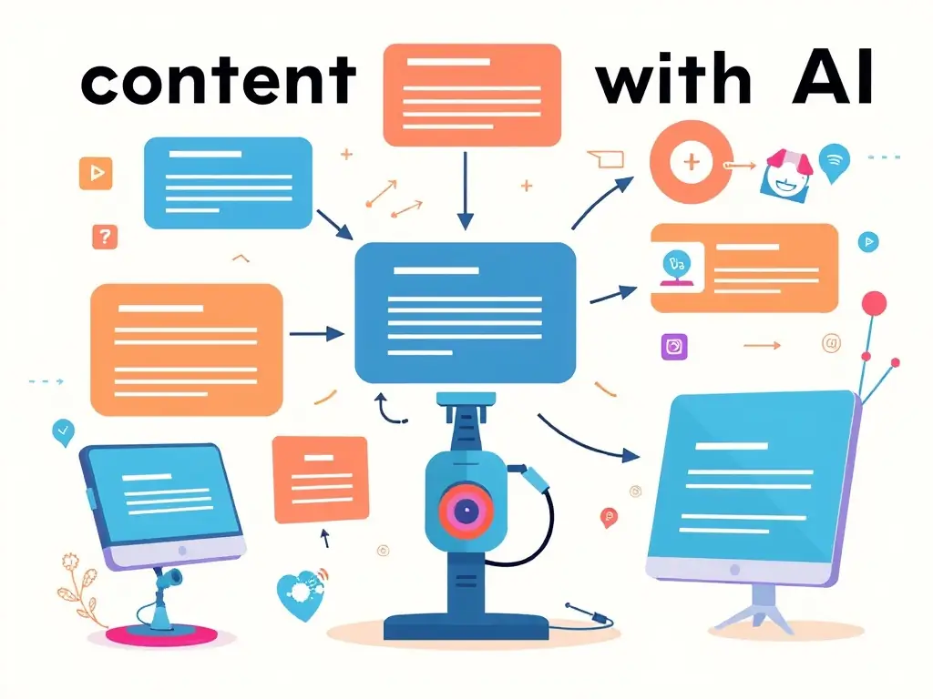 A creative image of AI generating compelling content, with text snippets and visual elements forming a cohesive narrative, representing R's Marketing Services' content creation capabilities.