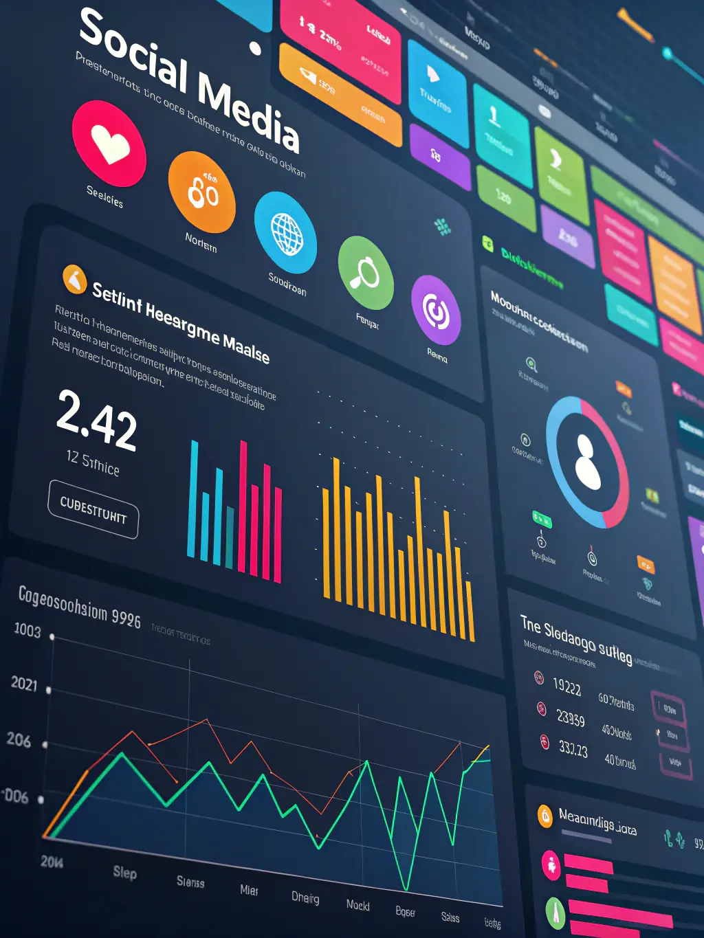 A dynamic graphic illustrating AI managing social media campaigns, with engagement metrics and audience analysis, representing R's Marketing Services' SMO service.