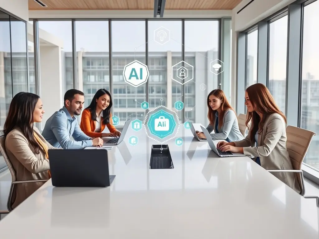 An image depicting a diverse team collaborating on a digital marketing strategy, with AI interfaces visible in the background.