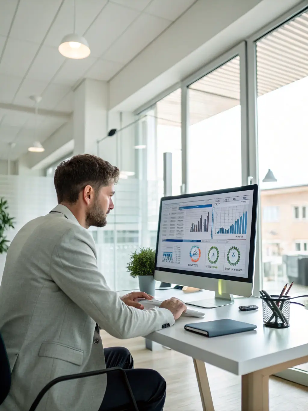 A visual representation of AI analyzing sales data and predicting trends, with charts and graphs indicating increased revenue, symbolizing R's Marketing Services' online sales strategies.